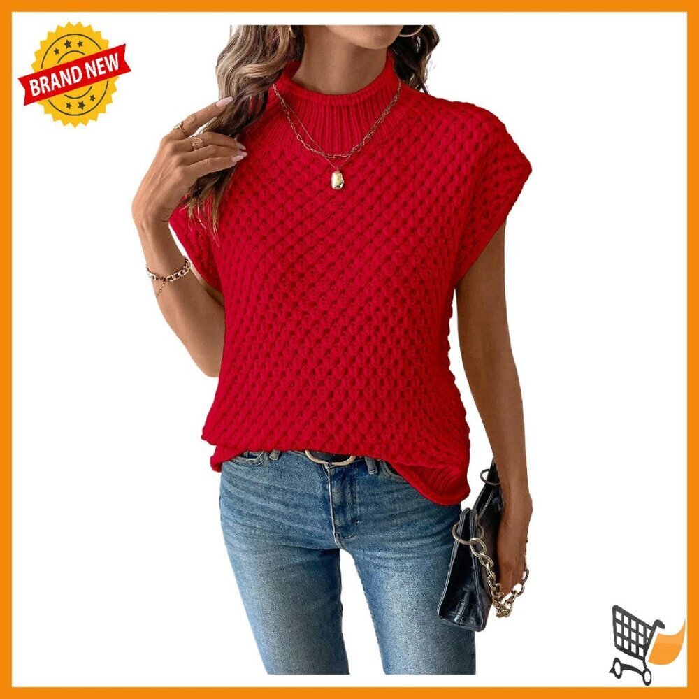 Crochet Knit Turtleneck Sweater Vest Cap Sleeve Pullover Top